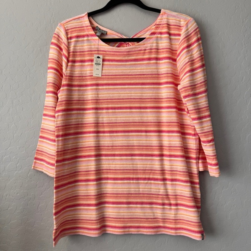 NWT Talbots PM Knit Top Pink Orange Striped 3/4 Sleeve Twist Back Keyhole